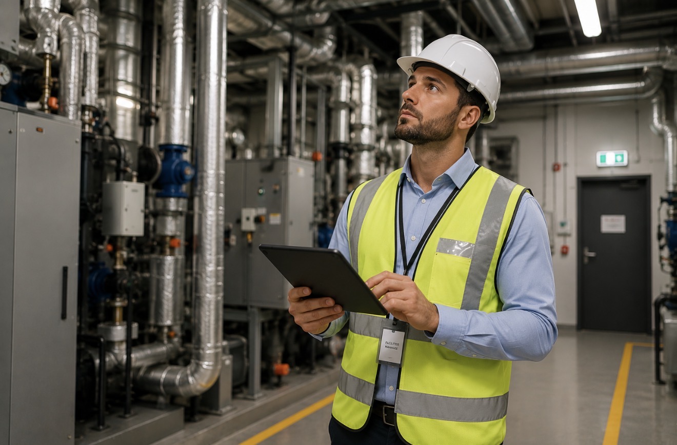 Facilities manager inspecting building plant equipment in a Sydney commercial property