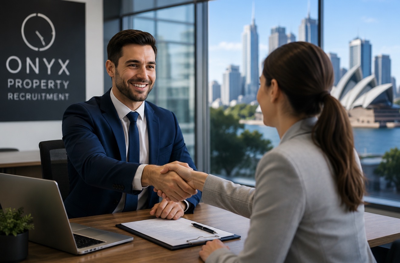 Property recruitment consultant meeting a client in a Sydney office